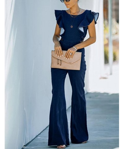 Women's Flared Denim Jumpsuit Ruffle Sleeve Backless Jeans Jumper Long Rompers Dark Blue $29.99 Jumpsuits