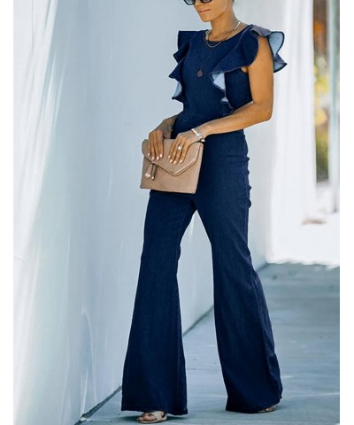 Women's Flared Denim Jumpsuit Ruffle Sleeve Backless Jeans Jumper Long Rompers Dark Blue $29.99 Jumpsuits