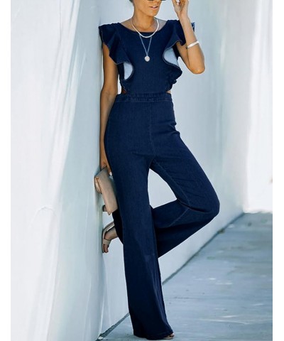 Women's Flared Denim Jumpsuit Ruffle Sleeve Backless Jeans Jumper Long Rompers Dark Blue $29.99 Jumpsuits