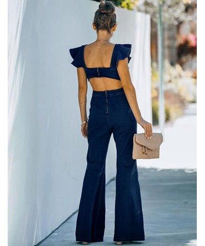 Women's Flared Denim Jumpsuit Ruffle Sleeve Backless Jeans Jumper Long Rompers Dark Blue $29.99 Jumpsuits