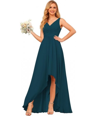 Women's V Neck Bridesmaid Dresses for Teens Pleated High Low Formal Dresses with Pockets YMS143 Teal $32.50 Dresses