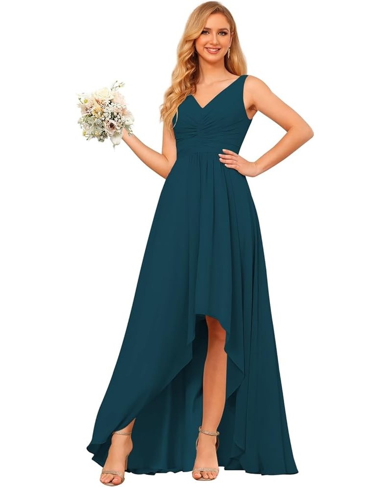 Women's V Neck Bridesmaid Dresses for Teens Pleated High Low Formal Dresses with Pockets YMS143 Teal $32.50 Dresses