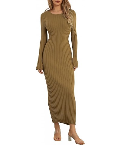 Women Crewneck Knit Maxi Dress Bell Long Sleeve Ruched Ribbed Bodycon Long Sweater Dress Streetwear Brown $11.18 Dresses