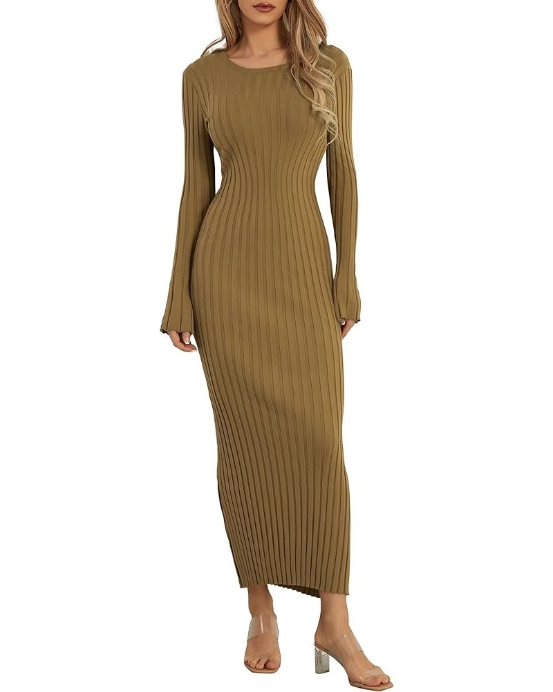 Women Crewneck Knit Maxi Dress Bell Long Sleeve Ruched Ribbed Bodycon Long Sweater Dress Streetwear Brown $11.18 Dresses