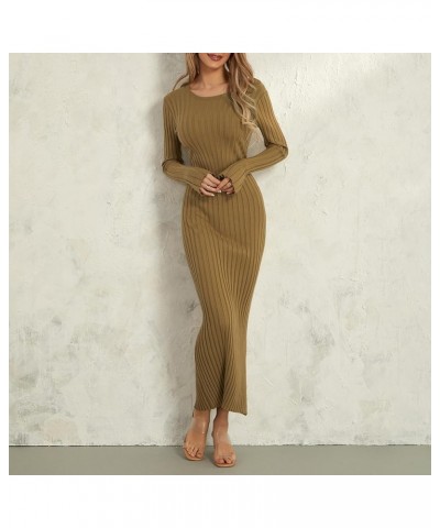 Women Crewneck Knit Maxi Dress Bell Long Sleeve Ruched Ribbed Bodycon Long Sweater Dress Streetwear Brown $11.18 Dresses