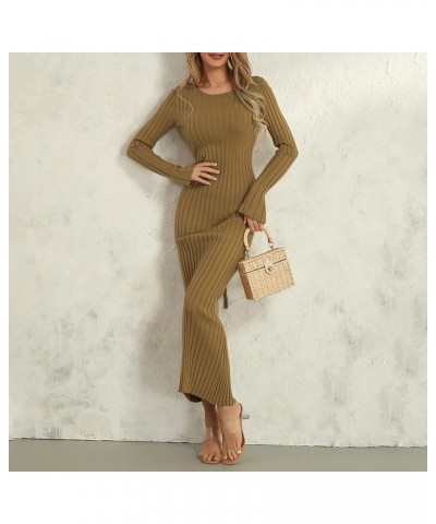 Women Crewneck Knit Maxi Dress Bell Long Sleeve Ruched Ribbed Bodycon Long Sweater Dress Streetwear Brown $11.18 Dresses