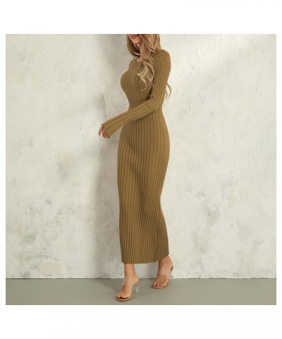 Women Crewneck Knit Maxi Dress Bell Long Sleeve Ruched Ribbed Bodycon Long Sweater Dress Streetwear Brown $11.18 Dresses