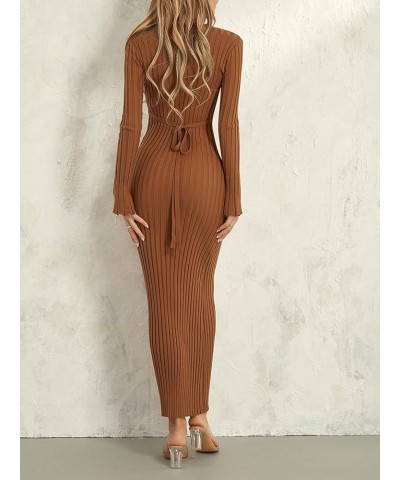 Women Crewneck Knit Maxi Dress Bell Long Sleeve Ruched Ribbed Bodycon Long Sweater Dress Streetwear Brown $11.18 Dresses