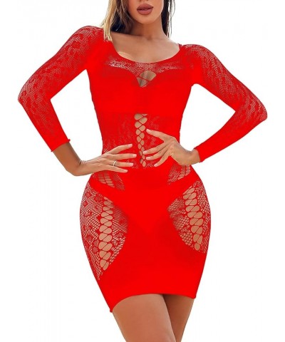 Womens Fishnet Bodycon Dress Mock Neck Long Sleeve Hollow Out Backless Mini Dress Nightwear Red B $7.76 Dresses