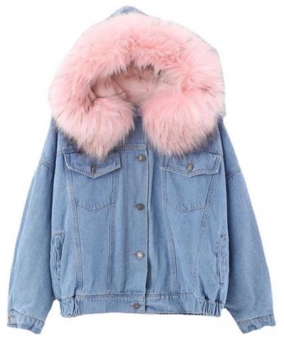 Womens Fleece Lined Denim Jackets,Casual Button Down Hooded Cropped Jean Jacket Long Sleeve Thicken Warm Coats A01-pink $24.4...