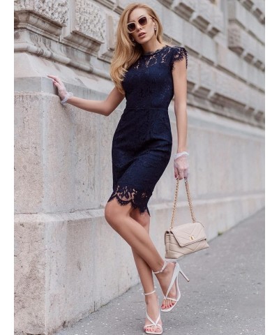 Women's Retro Floral Lace Slim Evening Cocktail Mini Dress A-navy Blue $12.00 Dresses