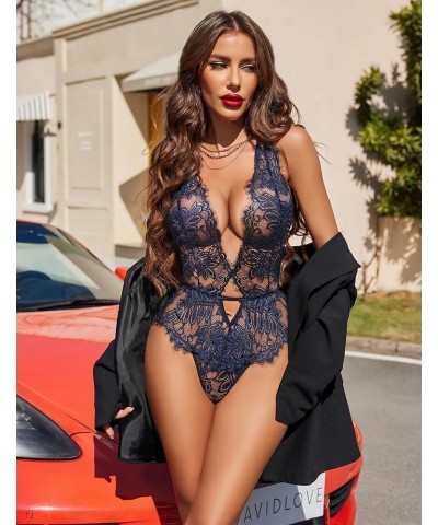 Women One Piece Lingerie Lace Bodysuit Deep V Teddy Mini Babydoll 1-navy Blue $9.89 Bodysuits