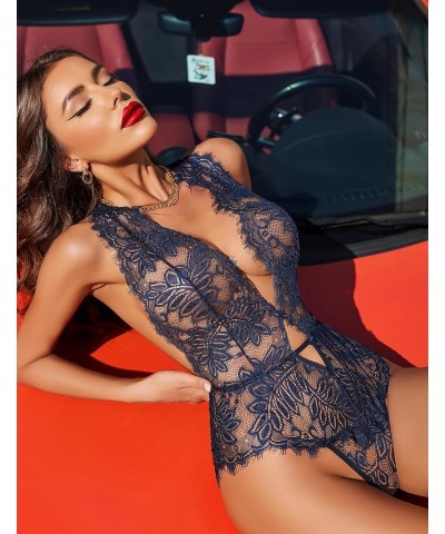 Women One Piece Lingerie Lace Bodysuit Deep V Teddy Mini Babydoll 1-navy Blue $9.89 Bodysuits