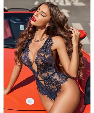 Women One Piece Lingerie Lace Bodysuit Deep V Teddy Mini Babydoll 1-navy Blue $9.89 Bodysuits