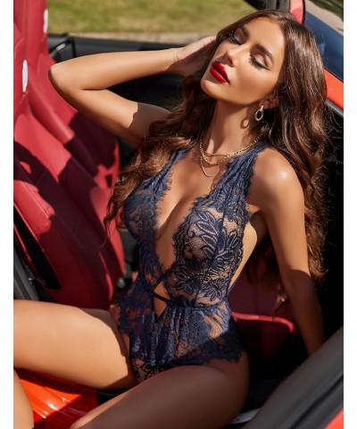 Women One Piece Lingerie Lace Bodysuit Deep V Teddy Mini Babydoll 1-navy Blue $9.89 Bodysuits