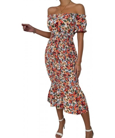 Women's Off Shoulder Puff Short Sleeve Bodycon Long Dress Orange Multi $9.35 Dresses