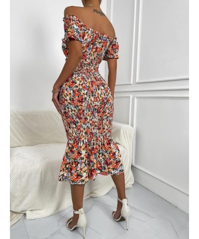 Women's Off Shoulder Puff Short Sleeve Bodycon Long Dress Orange Multi $9.35 Dresses