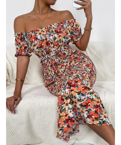 Women's Off Shoulder Puff Short Sleeve Bodycon Long Dress Orange Multi $9.35 Dresses