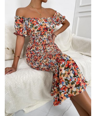 Women's Off Shoulder Puff Short Sleeve Bodycon Long Dress Orange Multi $9.35 Dresses