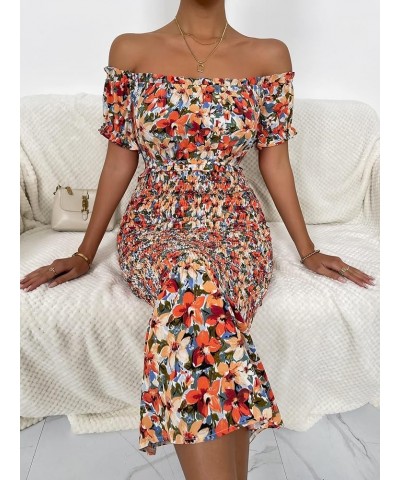 Women's Off Shoulder Puff Short Sleeve Bodycon Long Dress Orange Multi $9.35 Dresses