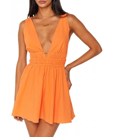 Women Y2k Floral Mini Dress Low Cut Ruched A-line Dress Backless Bodycon Sleeveless Sundress Streetwear M-orange $11.04 Dresses