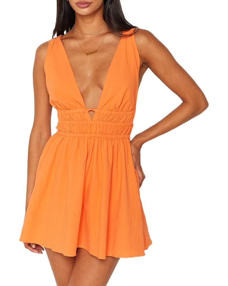 Women Y2k Floral Mini Dress Low Cut Ruched A-line Dress Backless Bodycon Sleeveless Sundress Streetwear M-orange $11.04 Dresses