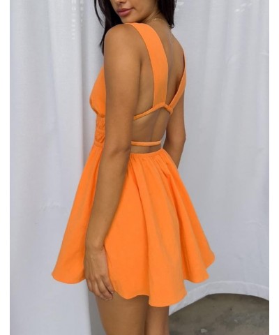 Women Y2k Floral Mini Dress Low Cut Ruched A-line Dress Backless Bodycon Sleeveless Sundress Streetwear M-orange $11.04 Dresses