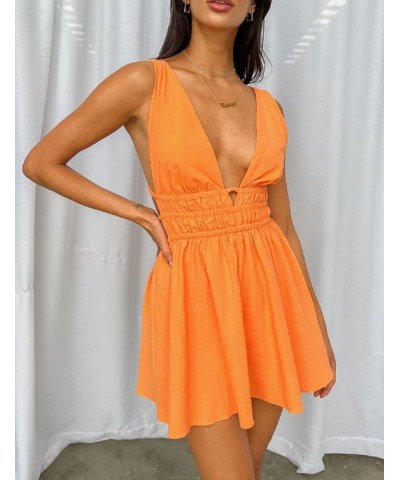 Women Y2k Floral Mini Dress Low Cut Ruched A-line Dress Backless Bodycon Sleeveless Sundress Streetwear M-orange $11.04 Dresses