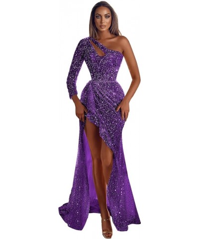 Women's Long Sleeve Sequin Prom Dresses One Shoulder Ball Gown High Slit Mermaid Wedding Guest Formal Evening Dress Purple $3...