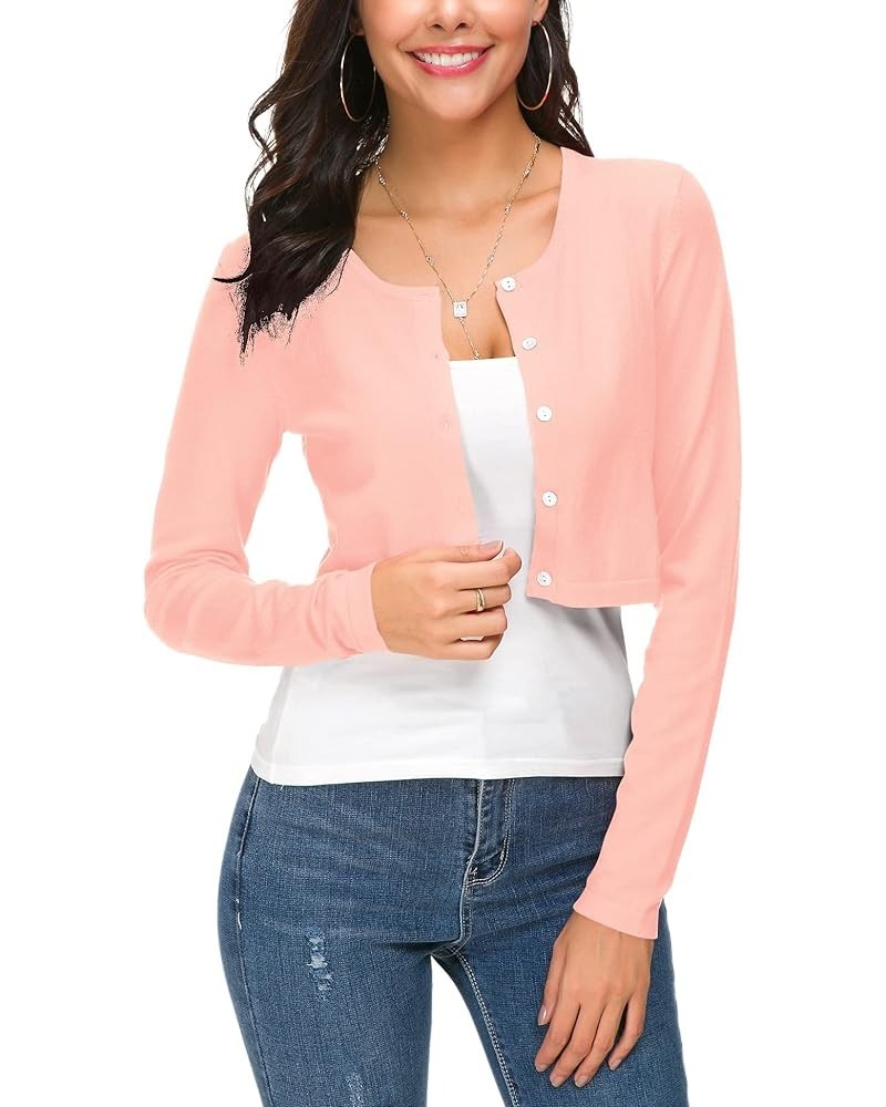 Women's Cropped Bolero Cardigan Button Down O-Neck Knitted Shrug Sweaters Pink $14.66 Sweaters