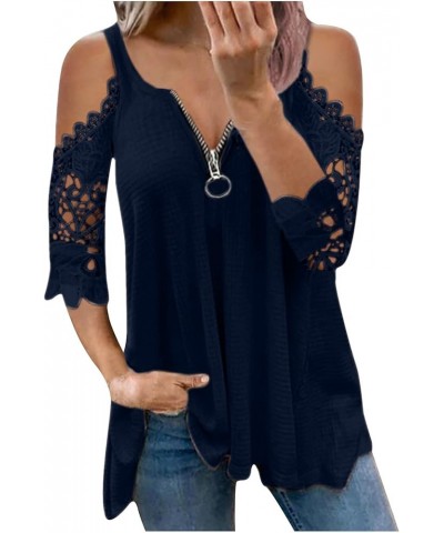 Womens 3/4 Sleeve T Shirts Cold Shoulder Tops Hollow Out Zipper Tees Sexy V Neck Shirts Fashion Tunic Tops 01blue $7.95 T-Shirts