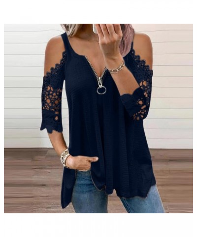 Womens 3/4 Sleeve T Shirts Cold Shoulder Tops Hollow Out Zipper Tees Sexy V Neck Shirts Fashion Tunic Tops 01blue $7.95 T-Shirts