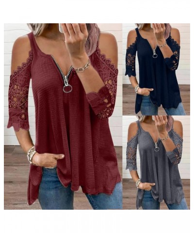 Womens 3/4 Sleeve T Shirts Cold Shoulder Tops Hollow Out Zipper Tees Sexy V Neck Shirts Fashion Tunic Tops 01blue $7.95 T-Shirts