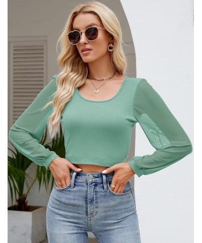 Womens Petite Tops Casual Mesh Long Sleeve Crop Tops Rib-Knit Solid Basic Tees Light Green $12.86 T-Shirts