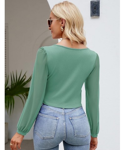 Womens Petite Tops Casual Mesh Long Sleeve Crop Tops Rib-Knit Solid Basic Tees Light Green $12.86 T-Shirts