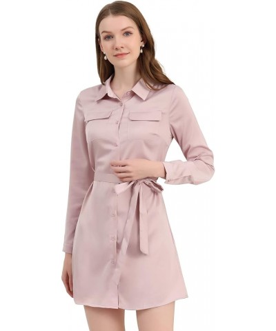 Women's Shirtdress with Belt Long Sleeve Button Satin Dress Pink $17.28 Dresses