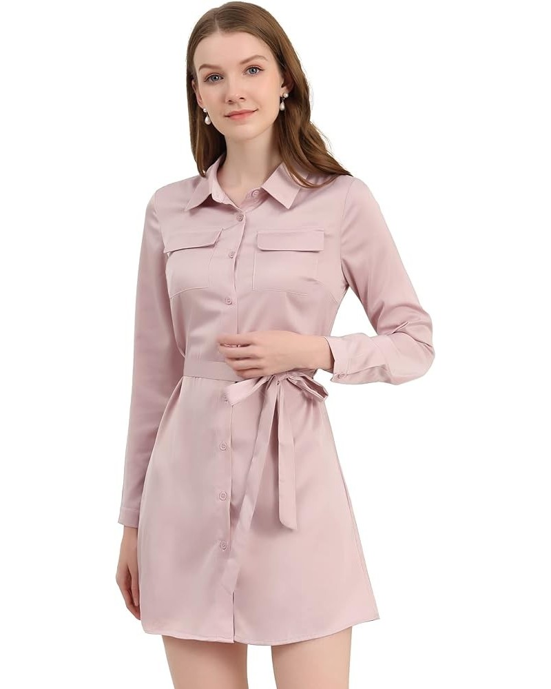 Women's Shirtdress with Belt Long Sleeve Button Satin Dress Pink $17.28 Dresses