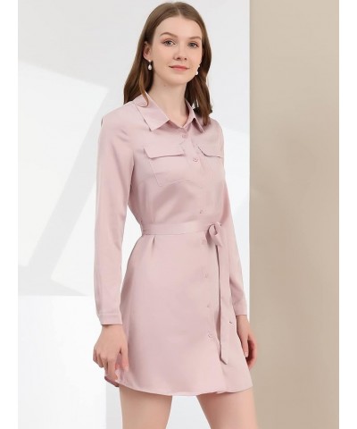 Women's Shirtdress with Belt Long Sleeve Button Satin Dress Pink $17.28 Dresses