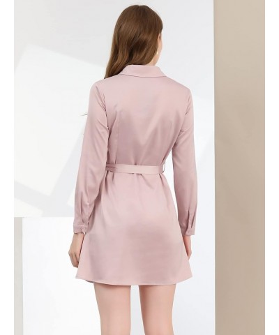 Women's Shirtdress with Belt Long Sleeve Button Satin Dress Pink $17.28 Dresses