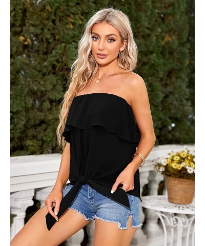 Womens Ruffles Tie Front Blouse Chiffon Strapless Tiered Tube Tops Shirts Black $15.36 Blouses