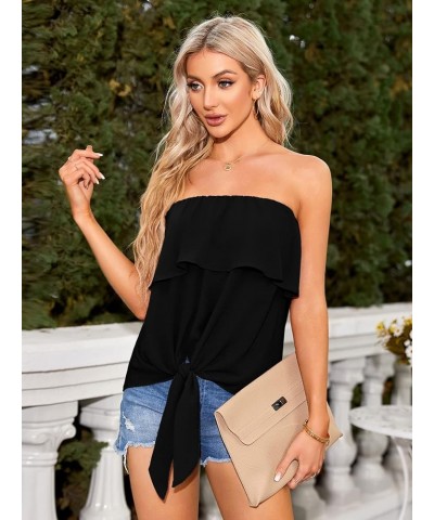 Womens Ruffles Tie Front Blouse Chiffon Strapless Tiered Tube Tops Shirts Black $15.36 Blouses