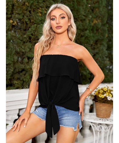 Womens Ruffles Tie Front Blouse Chiffon Strapless Tiered Tube Tops Shirts Black $15.36 Blouses