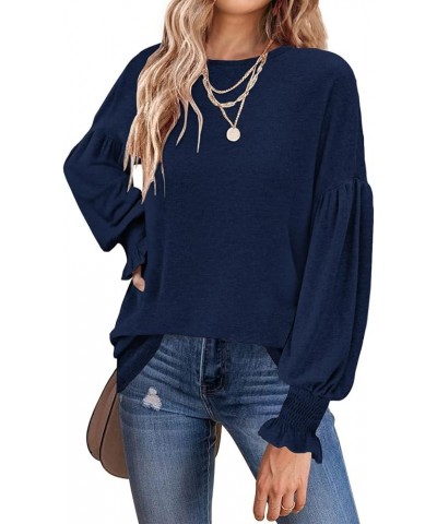 Women's 2024 Causal Long Balloon Sleeve Shirts Tops Crewneck Smocked Cuffs Loose Blouse Navy $18.35 Blouses