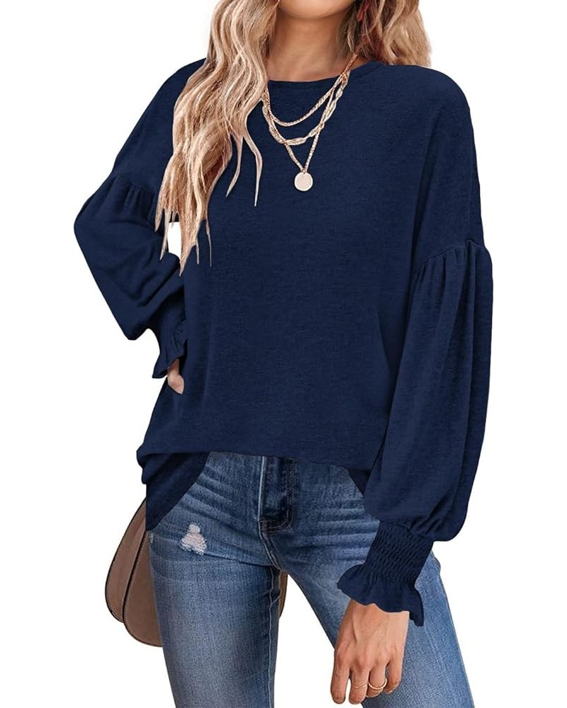 Women's 2024 Causal Long Balloon Sleeve Shirts Tops Crewneck Smocked Cuffs Loose Blouse Navy $18.35 Blouses