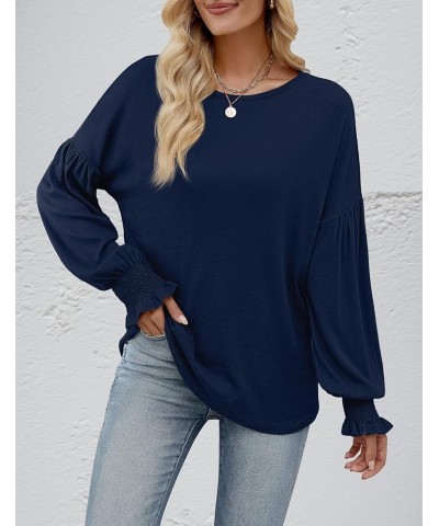 Women's 2024 Causal Long Balloon Sleeve Shirts Tops Crewneck Smocked Cuffs Loose Blouse Navy $18.35 Blouses