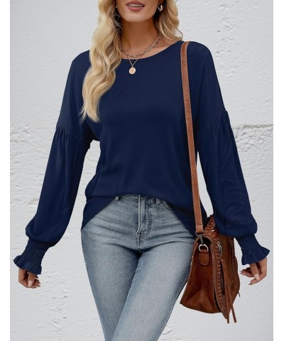 Women's 2024 Causal Long Balloon Sleeve Shirts Tops Crewneck Smocked Cuffs Loose Blouse Navy $18.35 Blouses