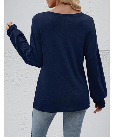 Women's 2024 Causal Long Balloon Sleeve Shirts Tops Crewneck Smocked Cuffs Loose Blouse Navy $18.35 Blouses