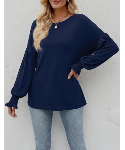 Women's 2024 Causal Long Balloon Sleeve Shirts Tops Crewneck Smocked Cuffs Loose Blouse Navy $18.35 Blouses