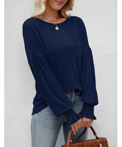 Women's 2024 Causal Long Balloon Sleeve Shirts Tops Crewneck Smocked Cuffs Loose Blouse Navy $18.35 Blouses