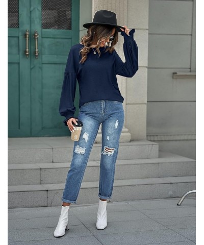 Women's 2024 Causal Long Balloon Sleeve Shirts Tops Crewneck Smocked Cuffs Loose Blouse Navy $18.35 Blouses